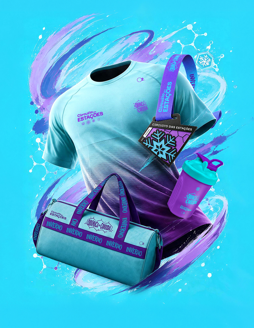 Kit da etapa de Inverno: camiseta, bolsa, copo e medalha roxa