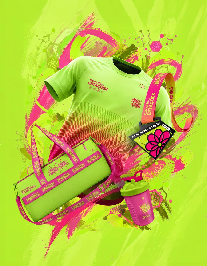 Kit da etapa de Primavera: camiseta, bolsa, copo e medalha verde