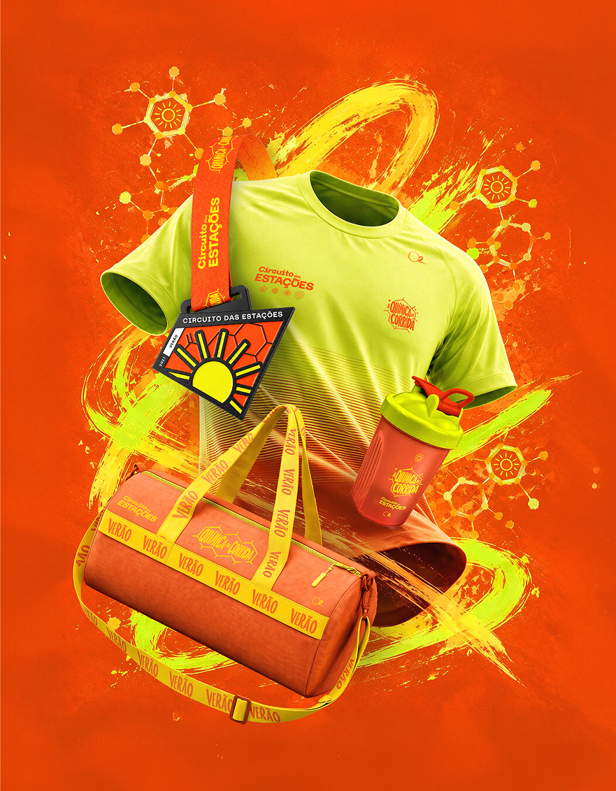 Kit da etapa de Verão: camiseta, bolsa, copo e medalha laranja