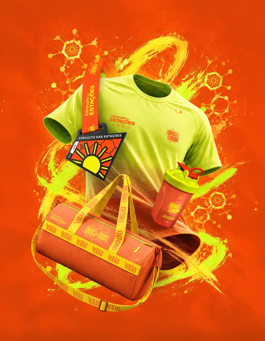 Kit da etapa de Verão: camiseta, bolsa, copo e medalha laranja